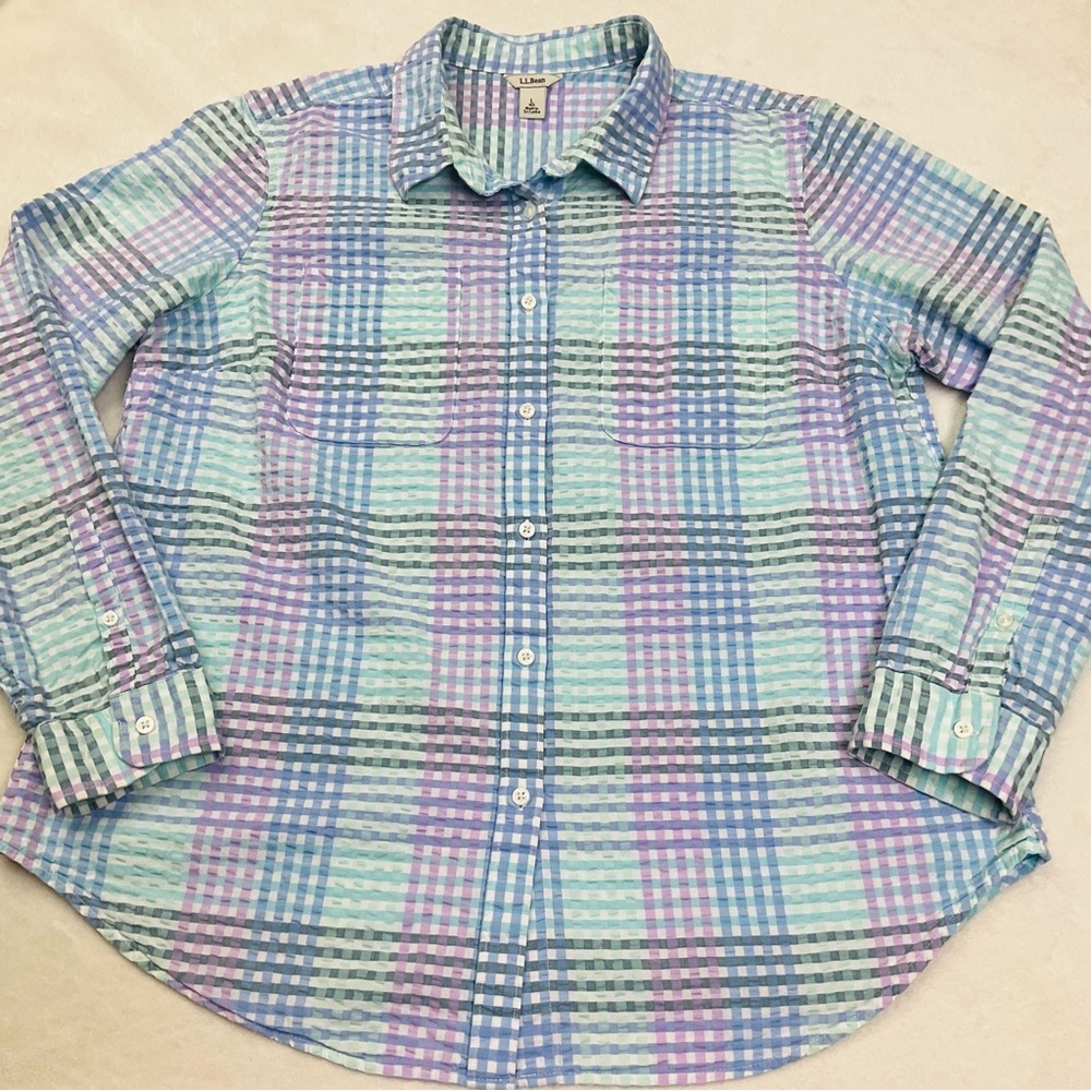 LL BEAN Women’s Blue Green Purple Plaid Textured Long Sleeve Button Down Shirt